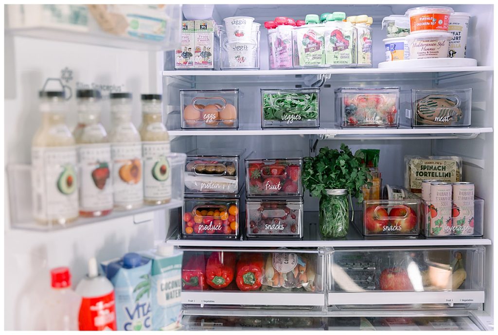 photo of fridge organization with fruit labels